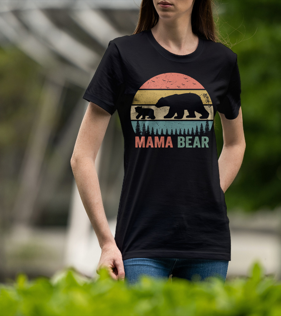 Mama Bear With Baby Cub Retro Sunset Silhouette Nature Scene T-Shirt