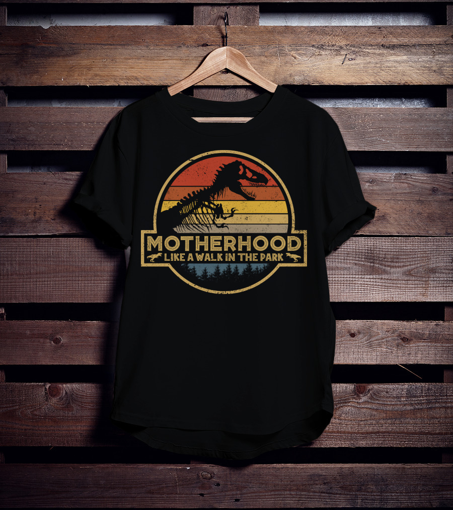 Motherhood Like A Walk In The Park Dinosaur Silhouette Retro T-Shirt