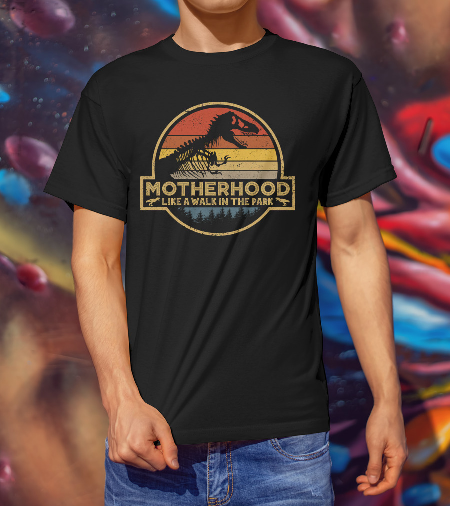 Motherhood Like A Walk In The Park Dinosaur Silhouette Retro T-Shirt