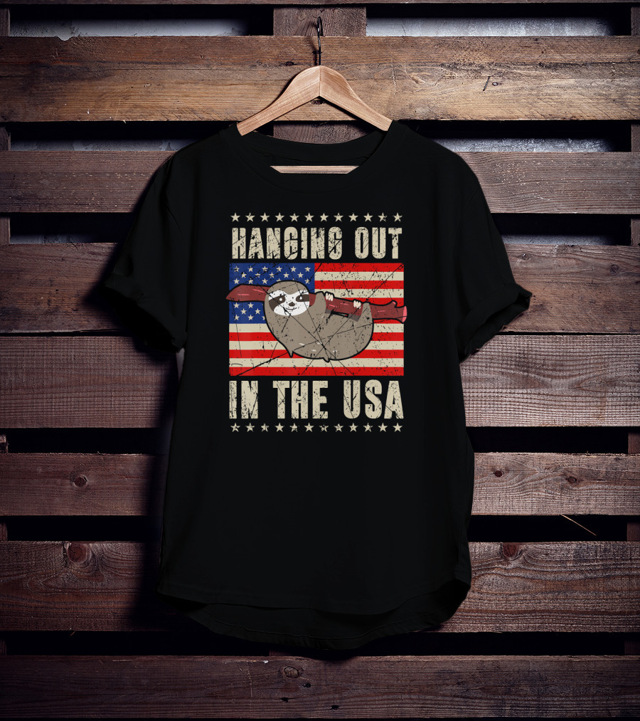 Sloth Hanging Out In The USA America Flag T-Shirt