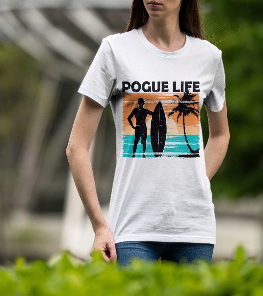 Pogue Life Outer Banks OBX Surf Silhouette Beach Sunset Palm Tree T-Shirt