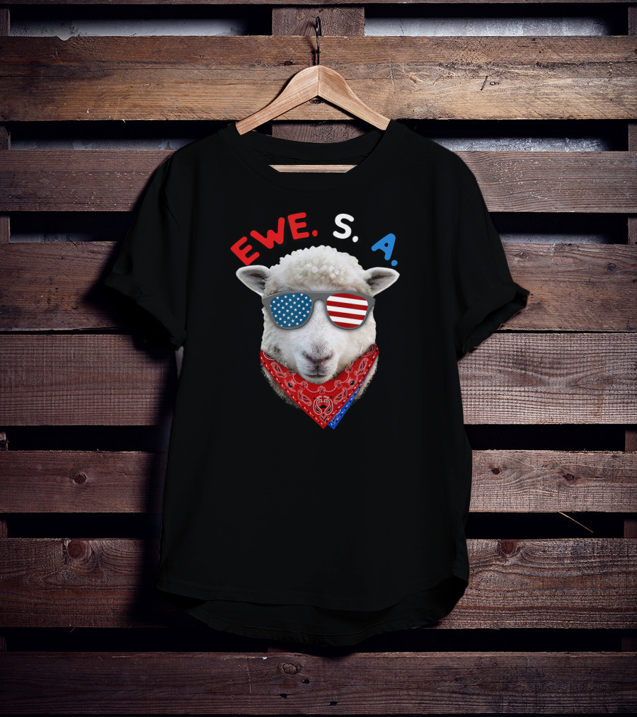 Ewe S A Sheep With USA Flag Sunglasses And Red Bandana T-Shirt