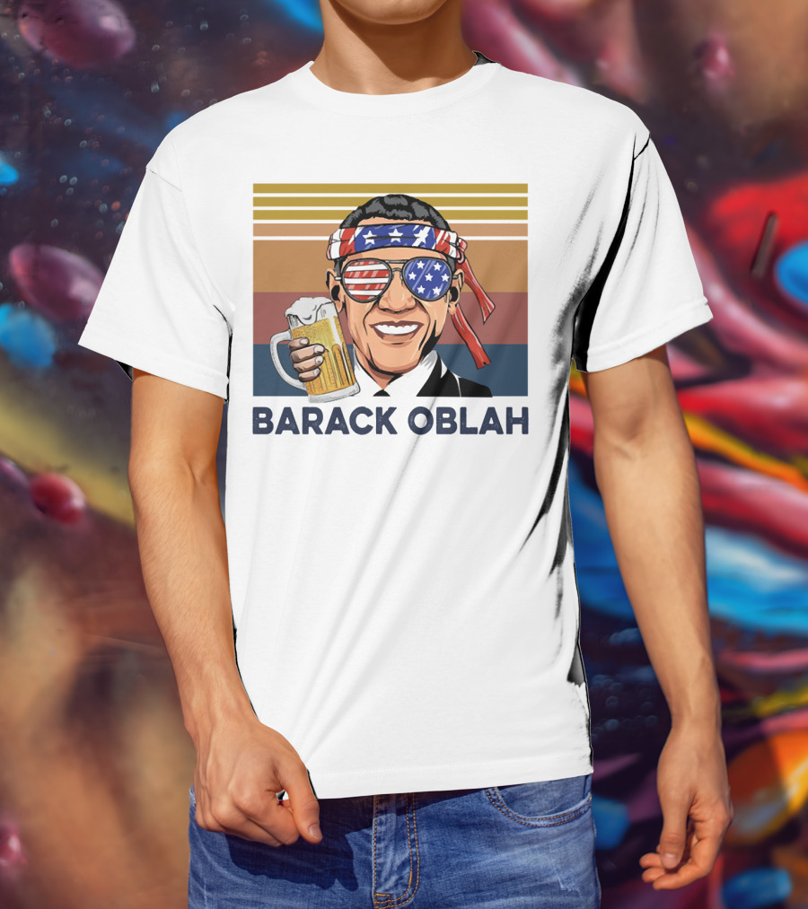 Barack Obama Oblah Drink Vintage USA Flag Headband And Stars Stripes Shades With Beer Mug T-Shirt