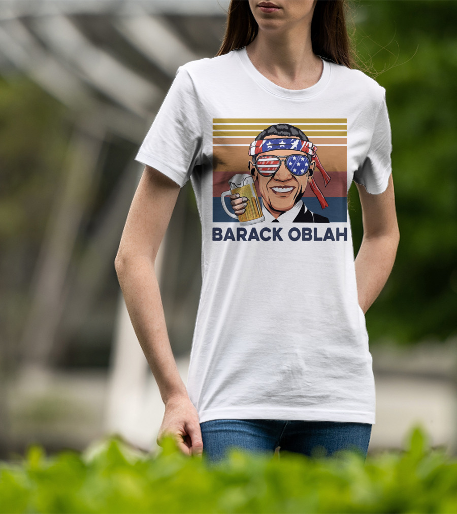 Barack Obama Oblah Drink Vintage USA Flag Headband And Stars Stripes Shades With Beer Mug T-Shirt