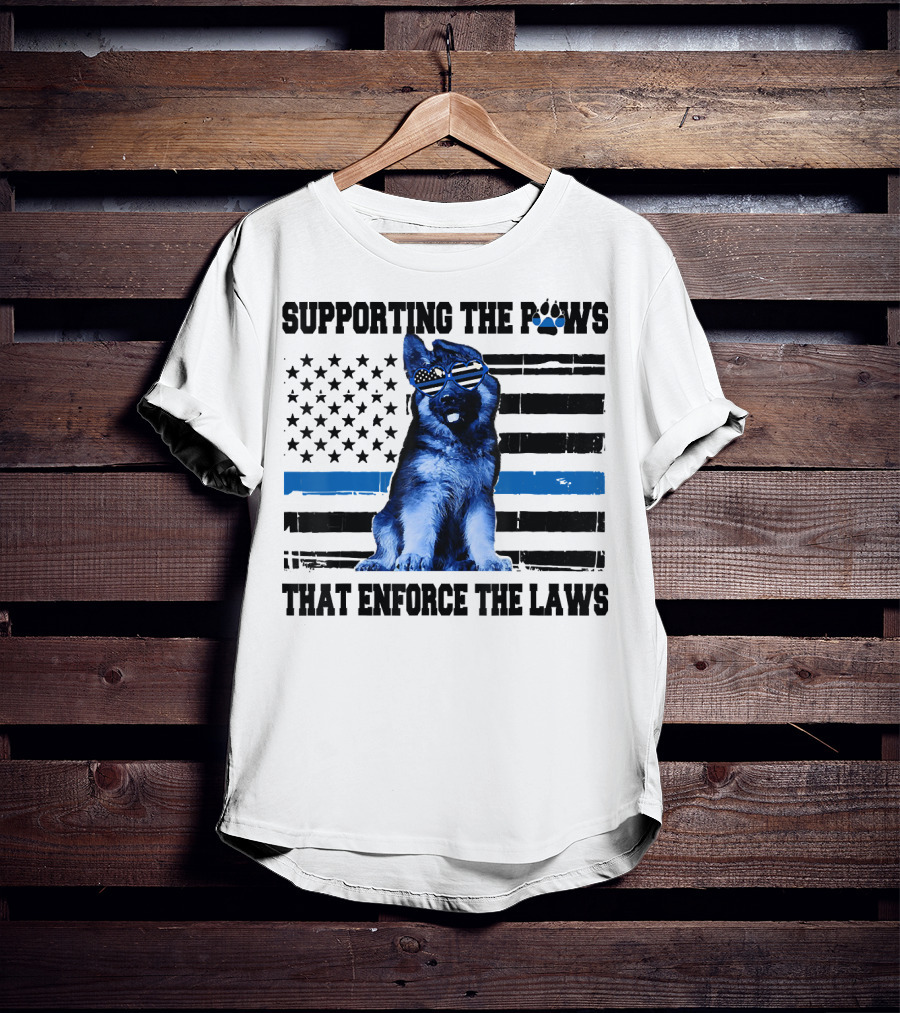 Supporting The Paws That Enforce The Laws Police Dog American Flag Sunglasses T-Shirt
