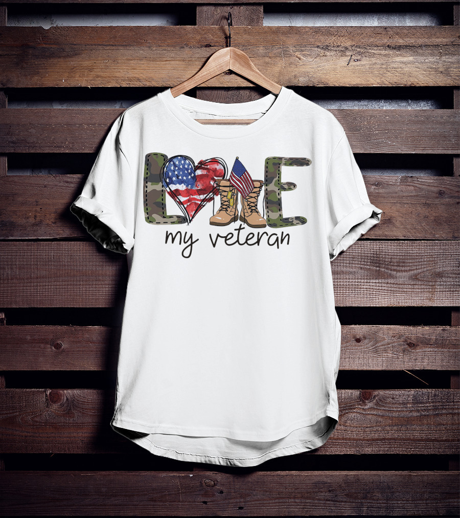 Love Camouflage Heart Boots American Flag My Veteran T-Shirt