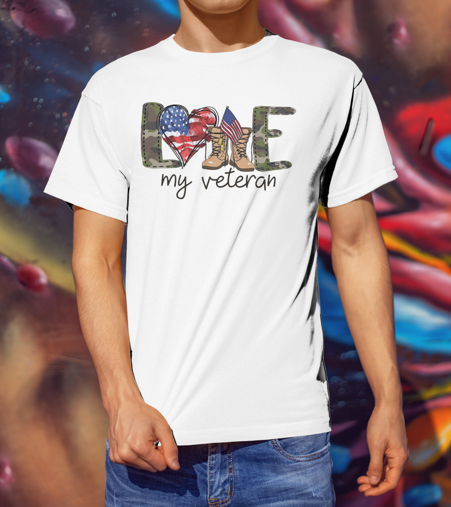 Love Camouflage Heart Boots American Flag My Veteran T-Shirt