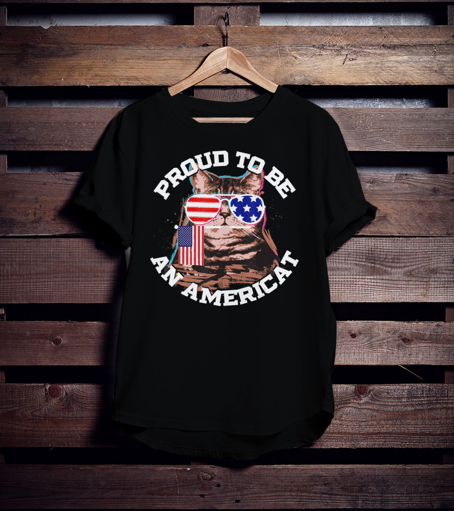 Proud To Be An Americat Cat US Flag Sunglasses T-Shirt
