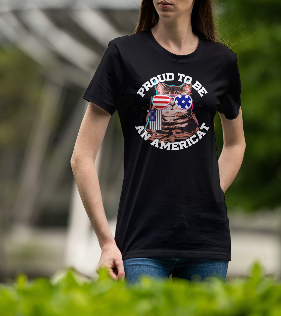 Proud To Be An Americat Cat US Flag Sunglasses T-Shirt
