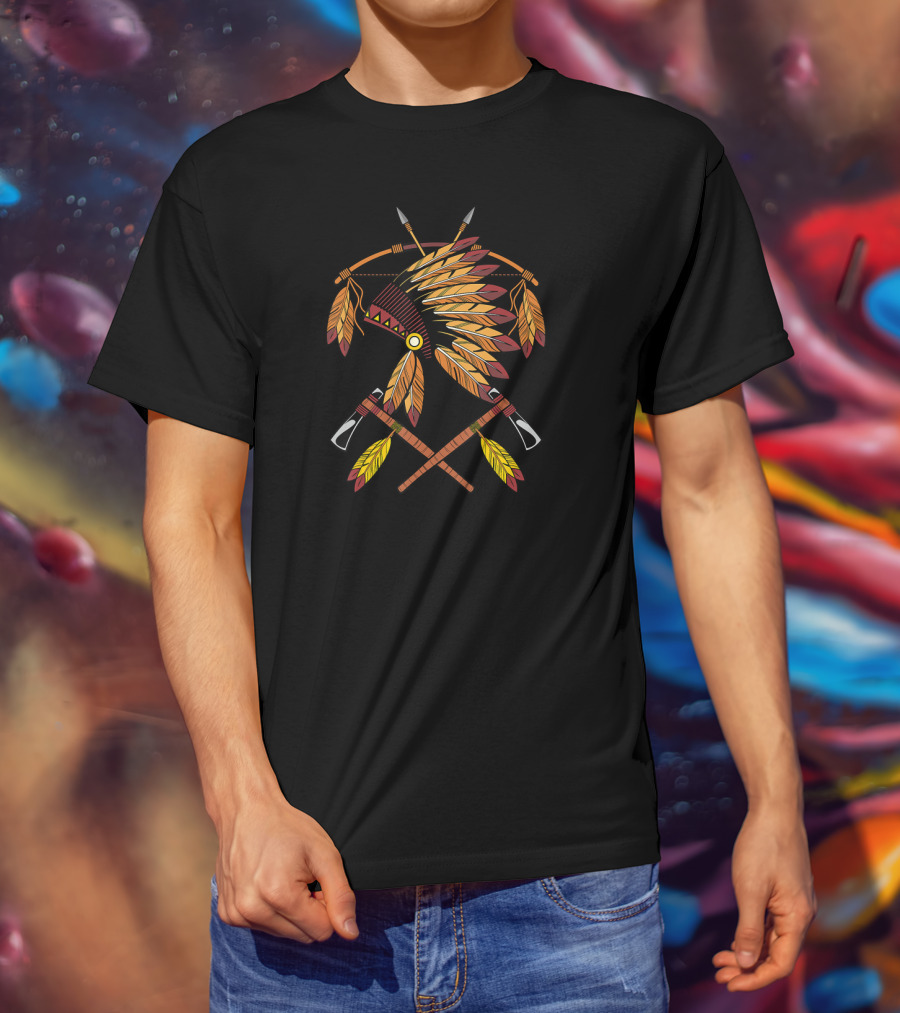 Native American War Bonnet Bow Arrows Tomahawks Feathers T-Shirt