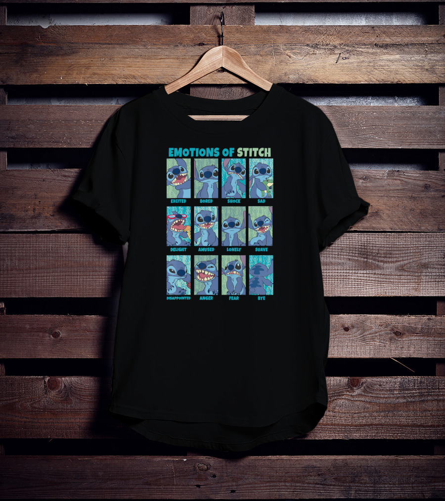 Disney Lilo And Stitch Excited Bored Shock Sad Delight Amused Lonely Suave Disappointed Anger Fear Bye Emotions Of Stitch T-Shirt