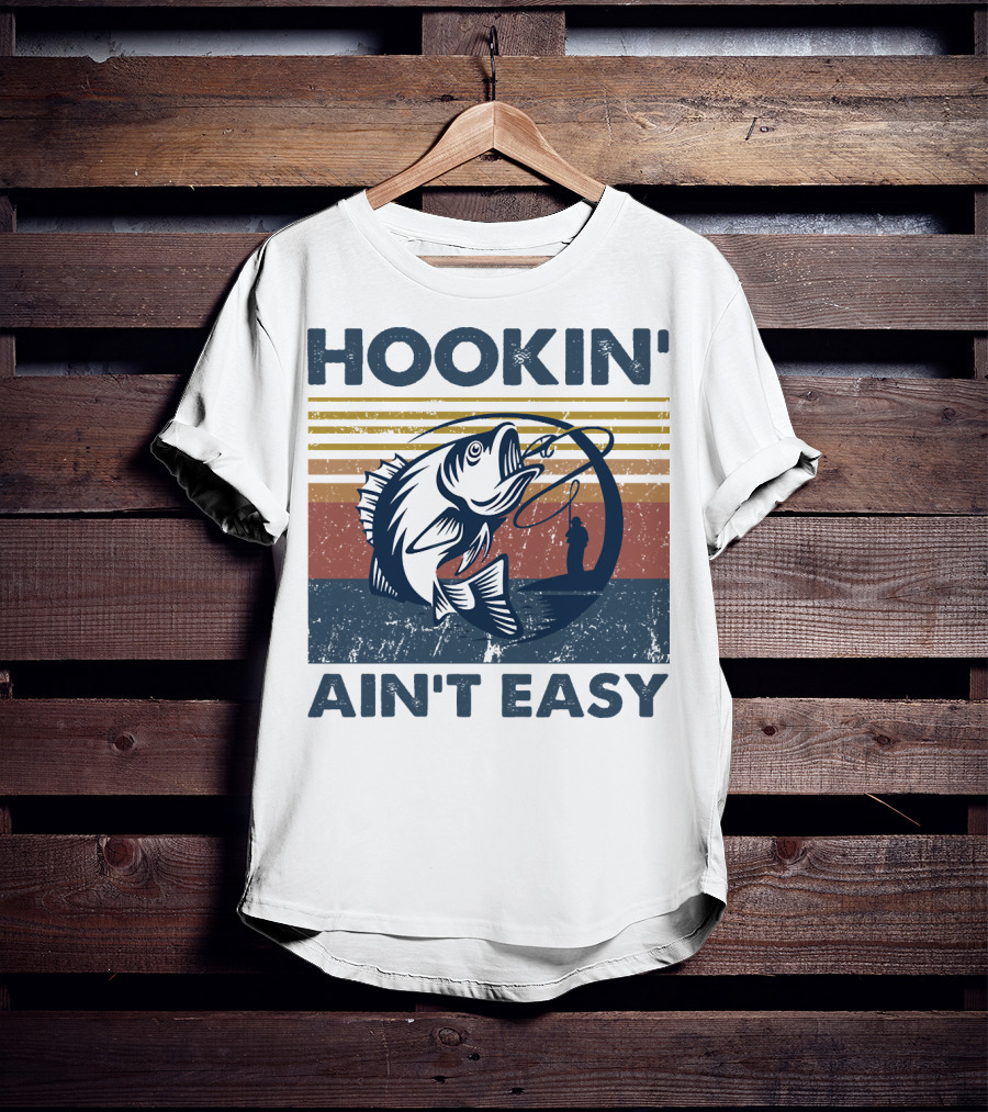 Hookin' Ain't Easy Vintage Fishing Graphic With Striped Sunset And Angler T-Shirt