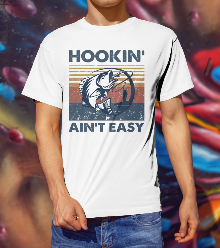 Hookin' Ain't Easy Vintage Fishing Graphic With Striped Sunset And Angler T-Shirt
