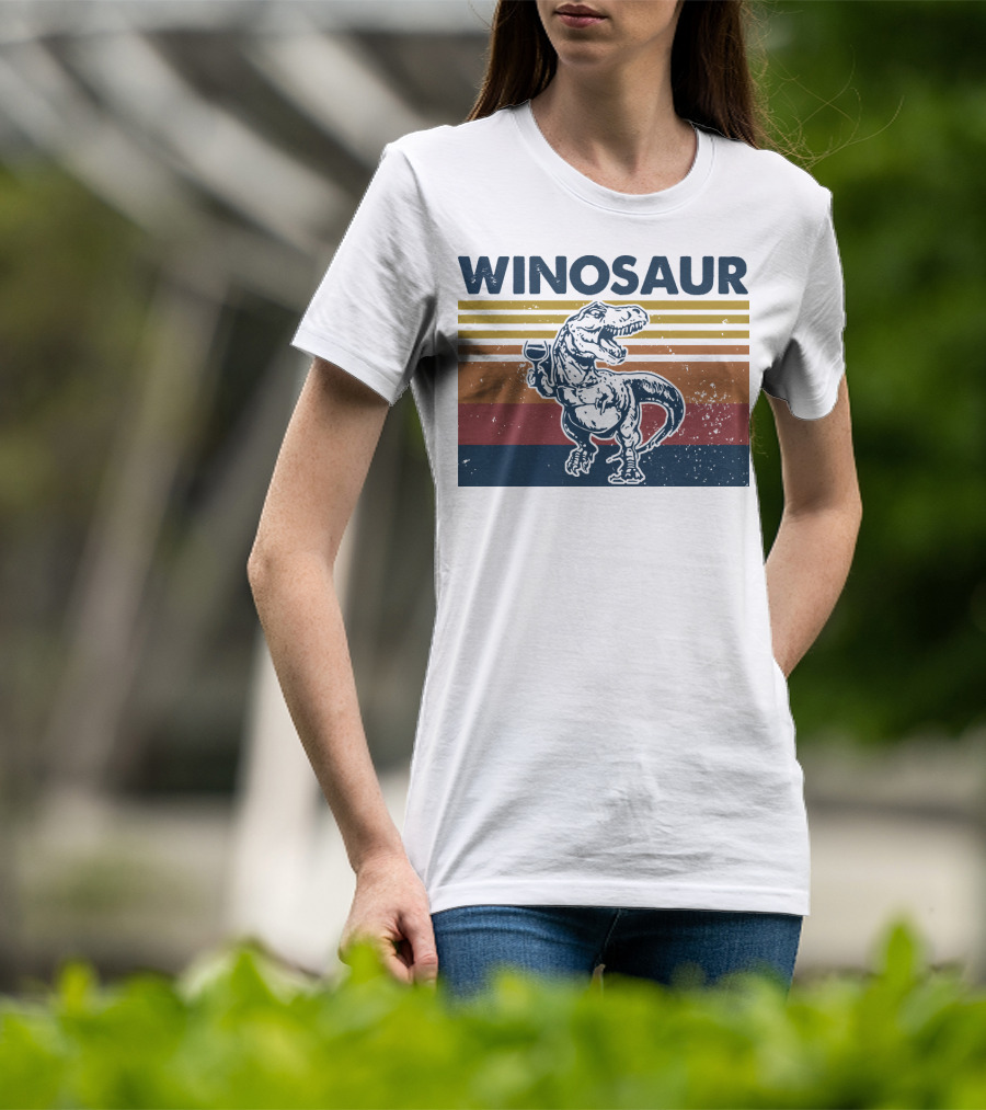 Winosaur Dinosaur With Wine Glass Retro Stripes T-Shirt