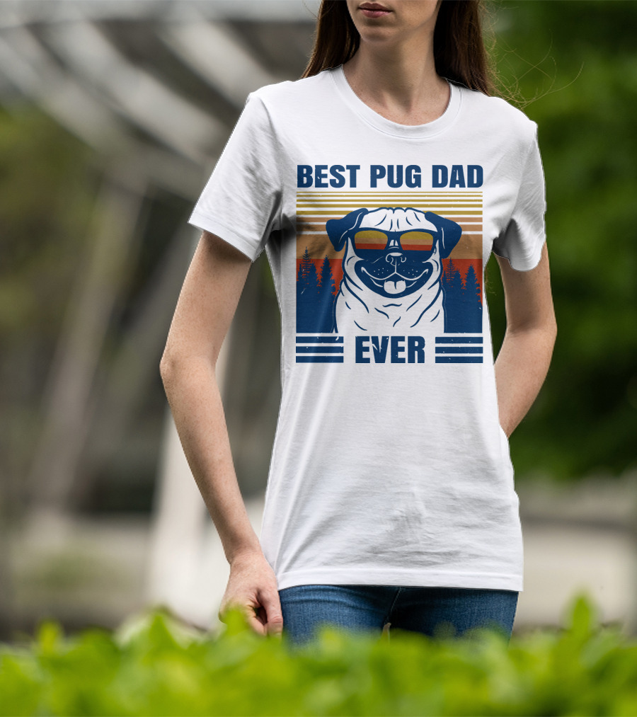 Best Pug Dad Ever Vintage Sunset Forest Retro T-Shirt