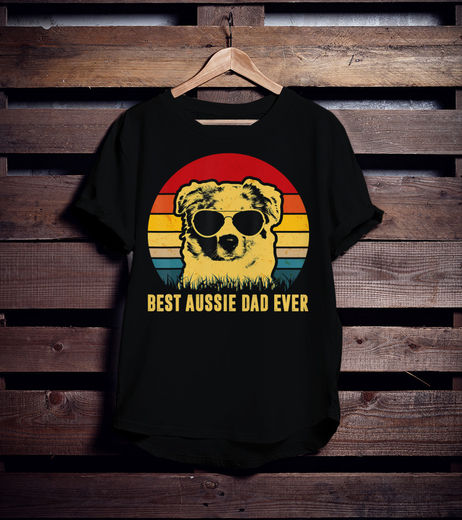 Best Aussie Dad Ever Vintage Dog Sunglasses Retro Stripes T-Shirt