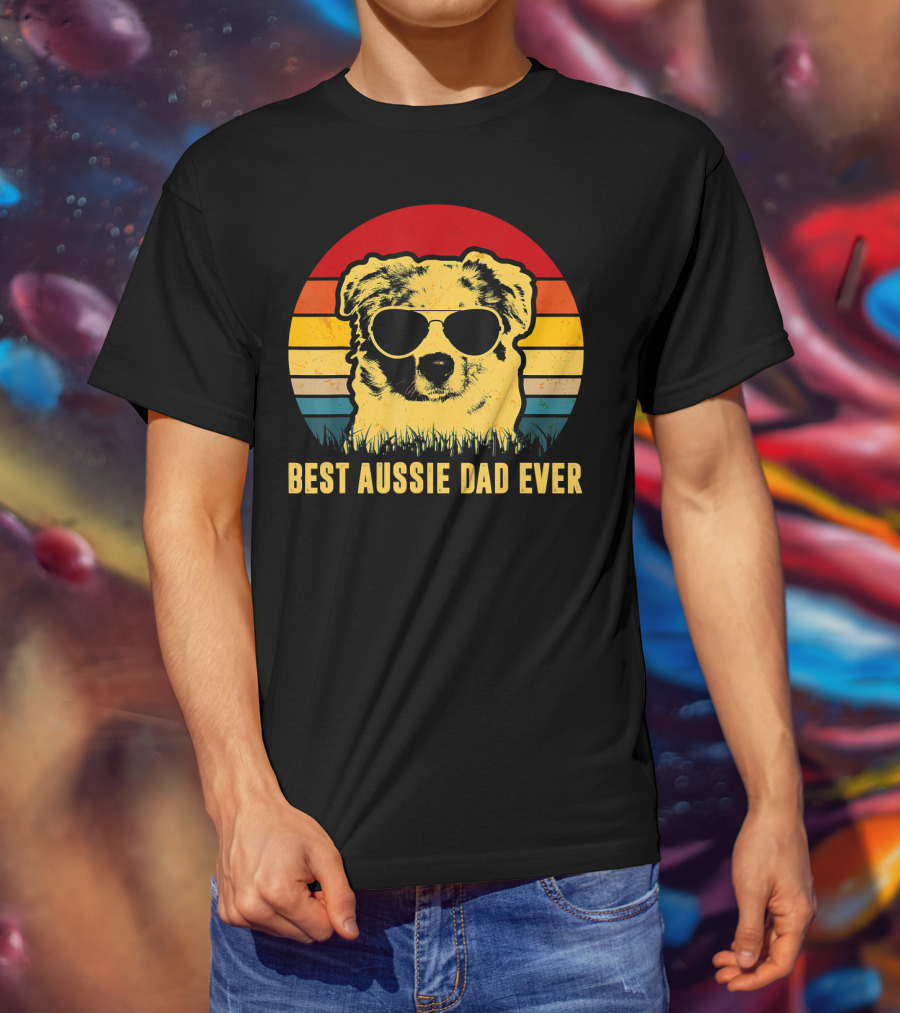 Best Aussie Dad Ever Vintage Dog Sunglasses Retro Stripes T-Shirt