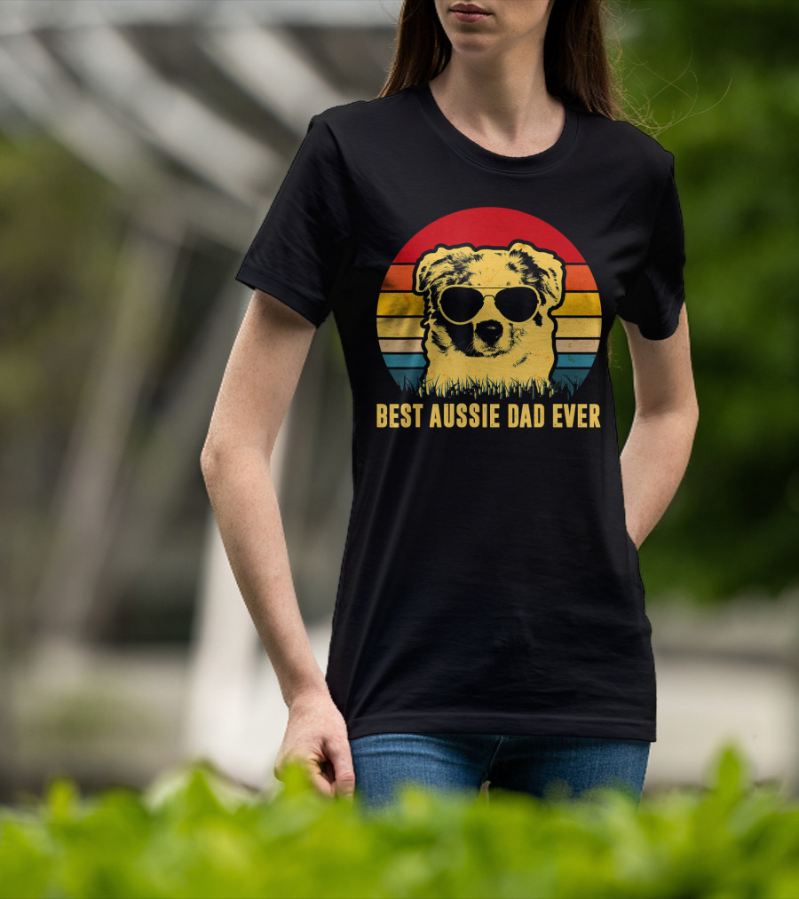 Best Aussie Dad Ever Vintage Dog Sunglasses Retro Stripes T-Shirt