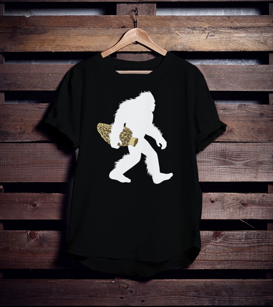 Bigfoot Silhouette Carrying Morel Mushroom T-Shirt