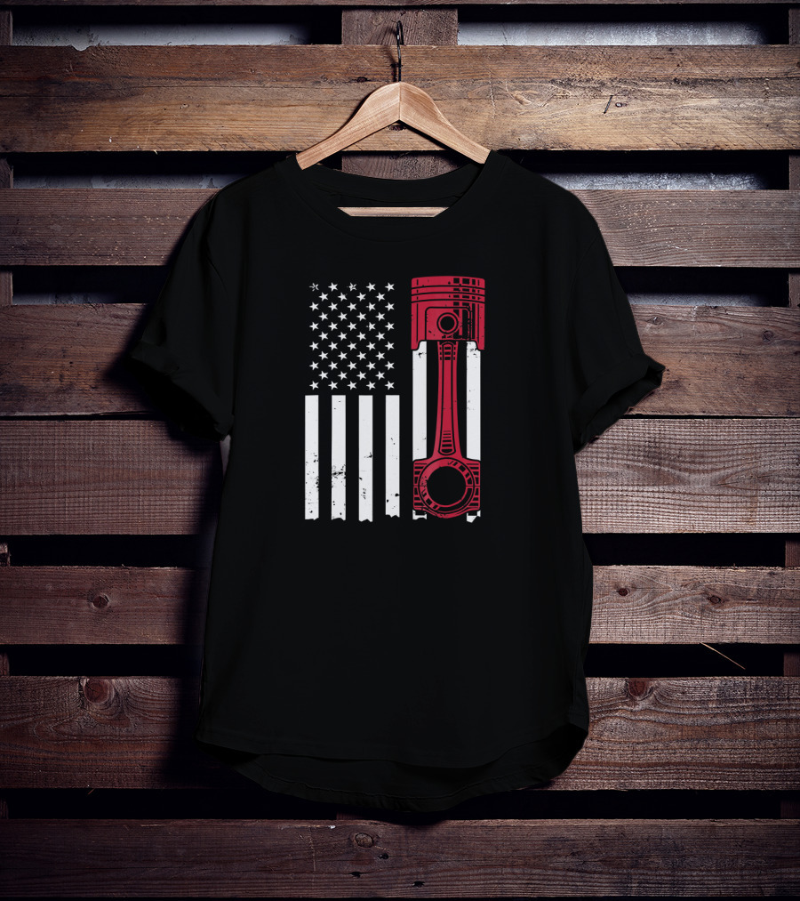 American Flag Piston Car Enthusiast Muscle T-Shirt