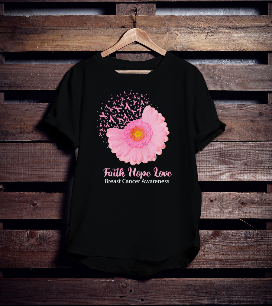 Faith Hope Love Pink Ribbon Florals Breast Cancer Awareness T-Shirt
