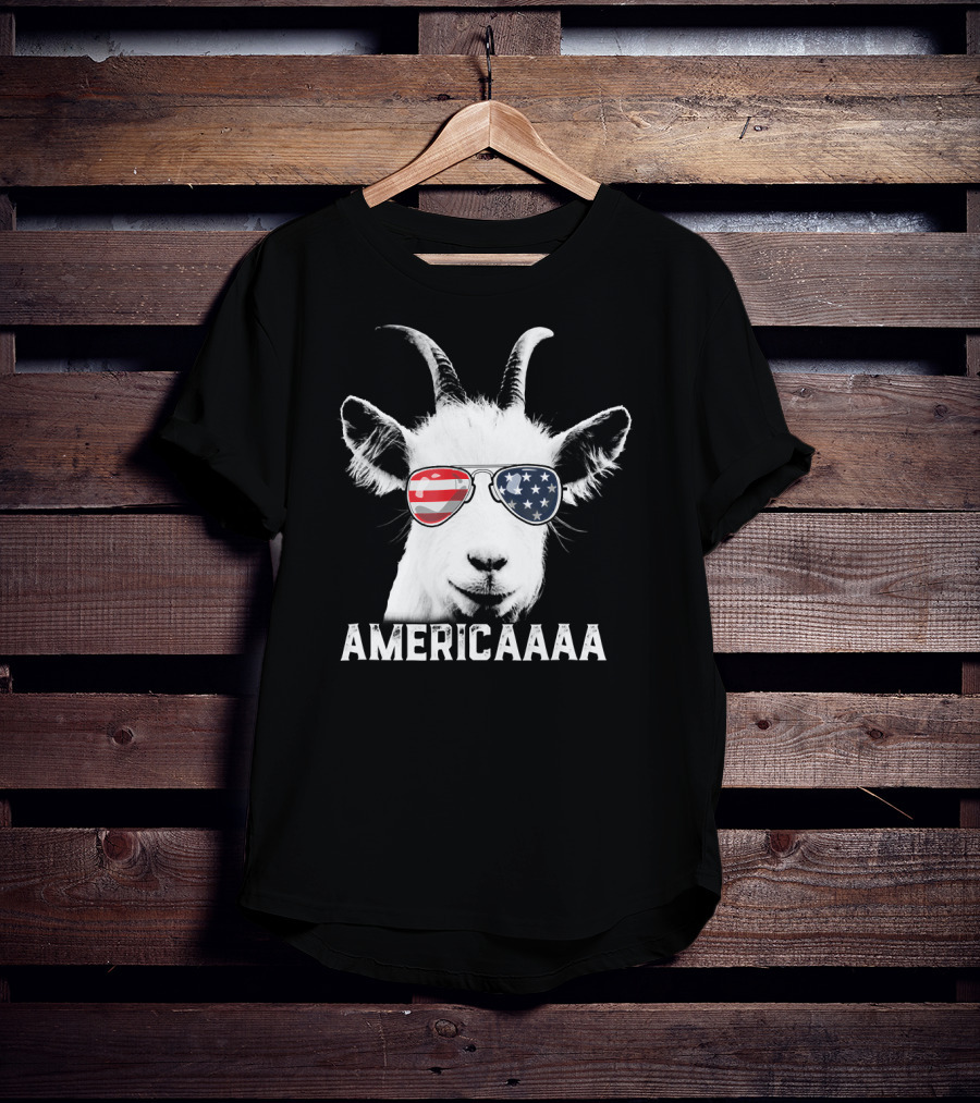 AMERICAAAA Patriotic Goat USA Flag Sunglasses Independence Day T-Shirt