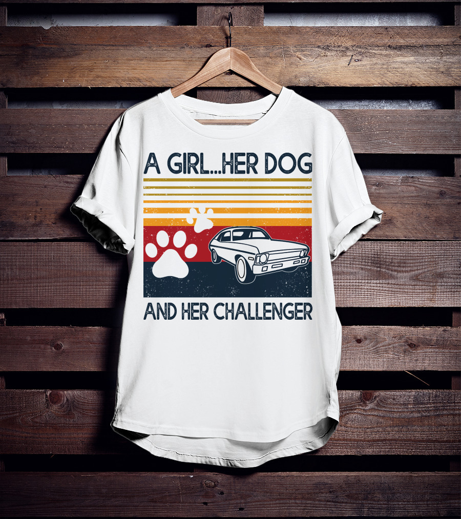 A Girl Her Dog And Her Challenger Vintage Car With Paw Prints T-Shirt