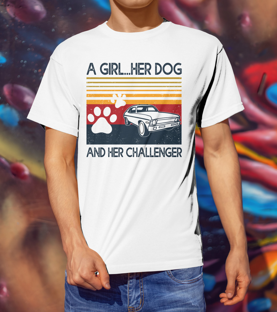 A Girl Her Dog And Her Challenger Vintage Car With Paw Prints T-Shirt