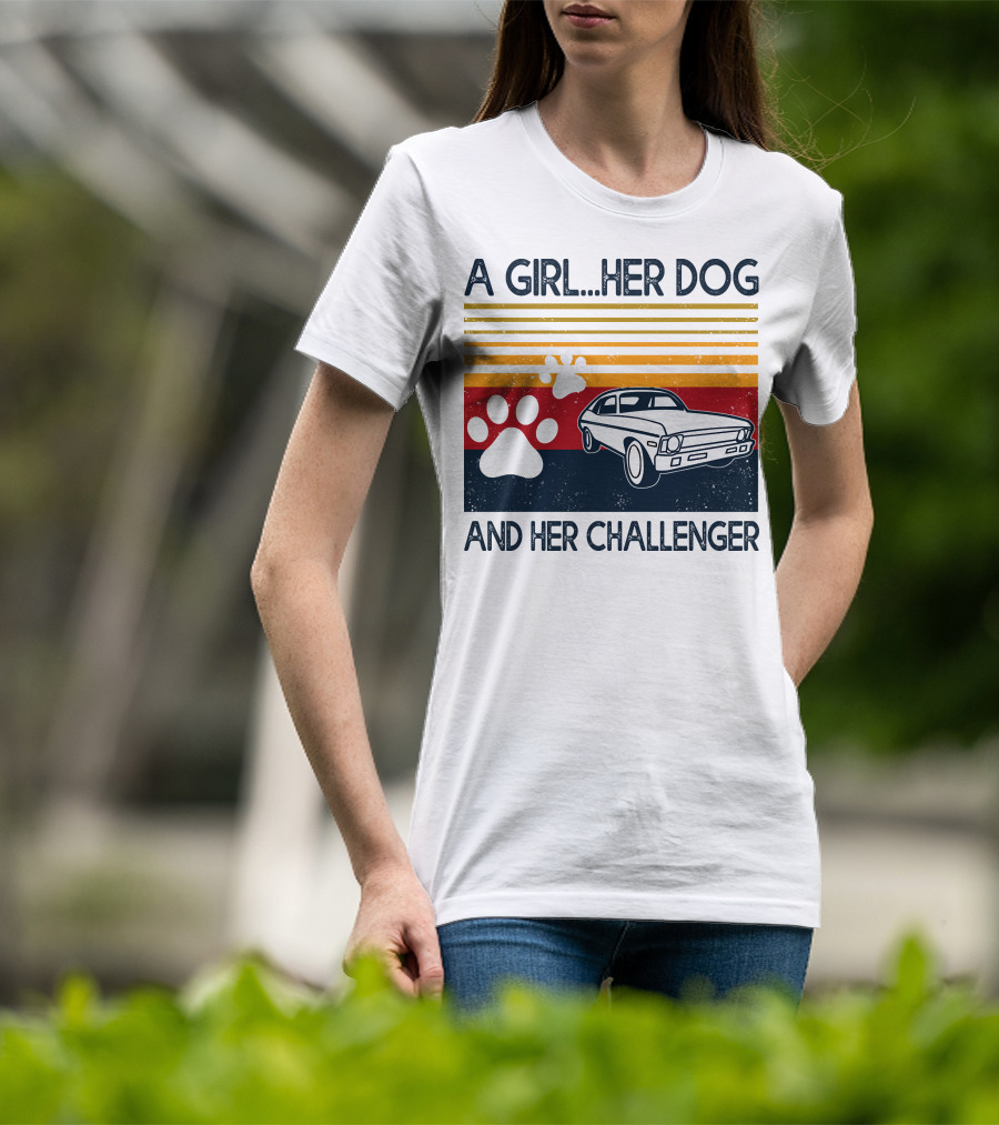 A Girl Her Dog And Her Challenger Vintage Car With Paw Prints T-Shirt