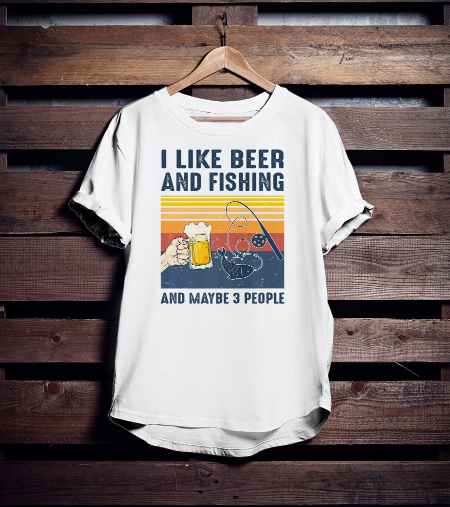 I Like Beer And Fishing And Maybe 3 People Vintage Sunset Beer Mug Fishing Rod T-Shirt