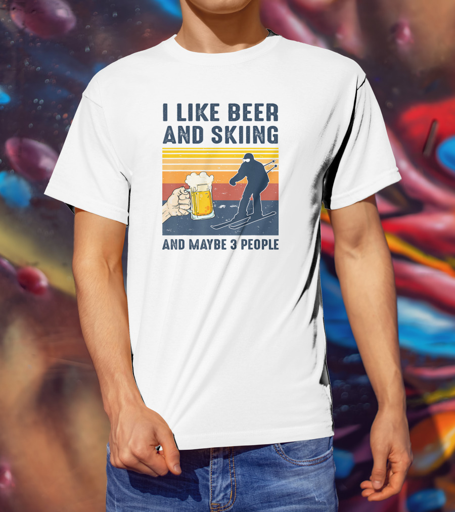 I Like Beer And Skiing And Maybe 3 People Retro Sunset Ski T-Shirt