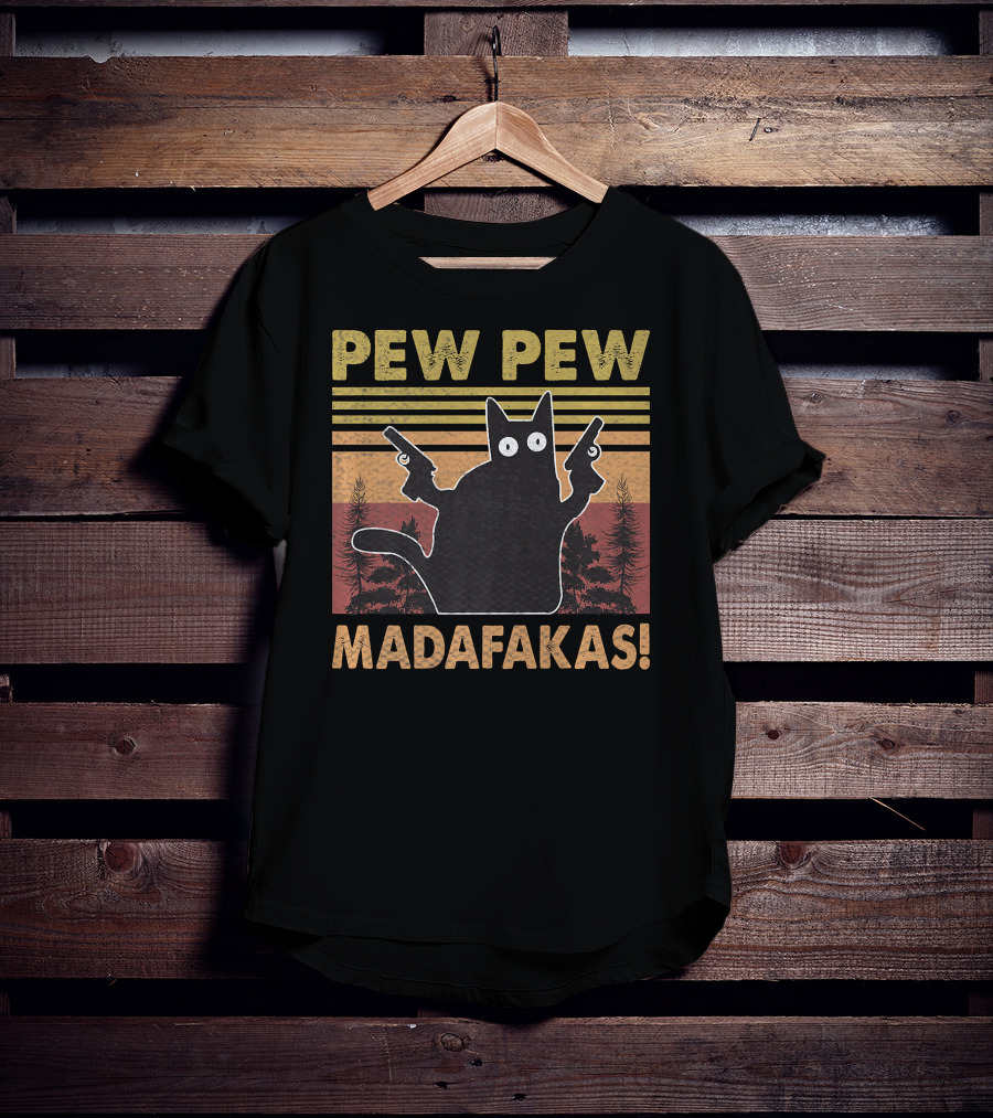 Pew Pew Madafakas Cat Vintage Retro Sunset Forest T-Shirt