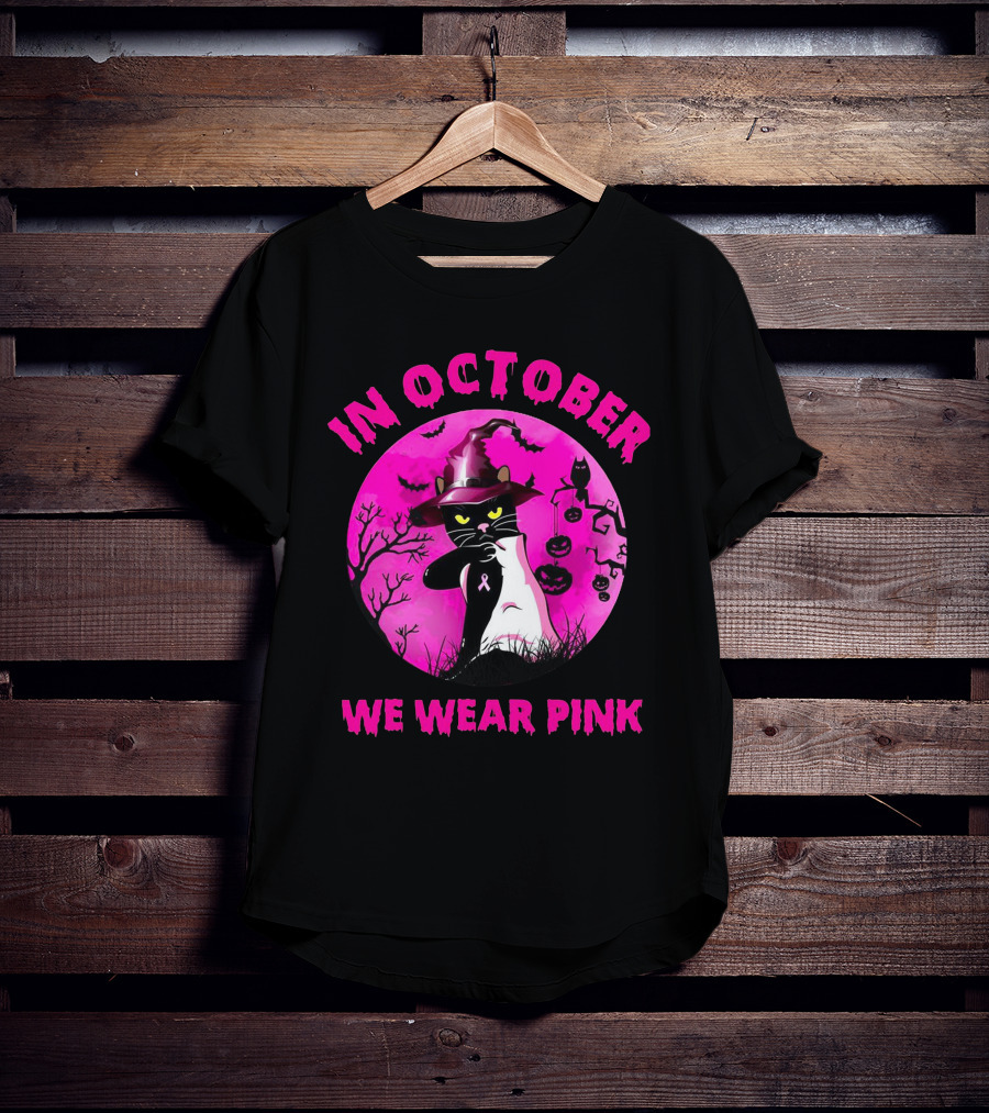 In October We Wear Pink Black Cat Witch Hat Pumpkin Breast Cancer Awareness T-Shirt