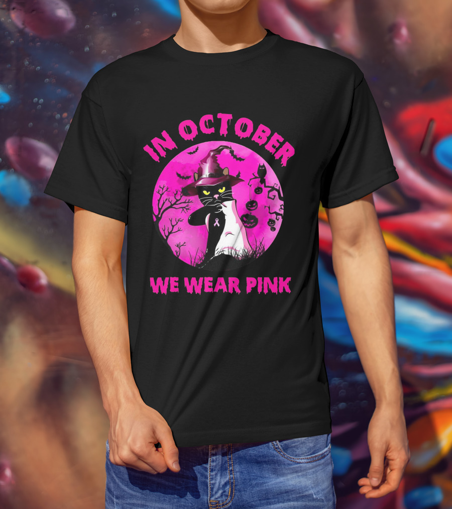 In October We Wear Pink Black Cat Witch Hat Pumpkin Breast Cancer Awareness T-Shirt