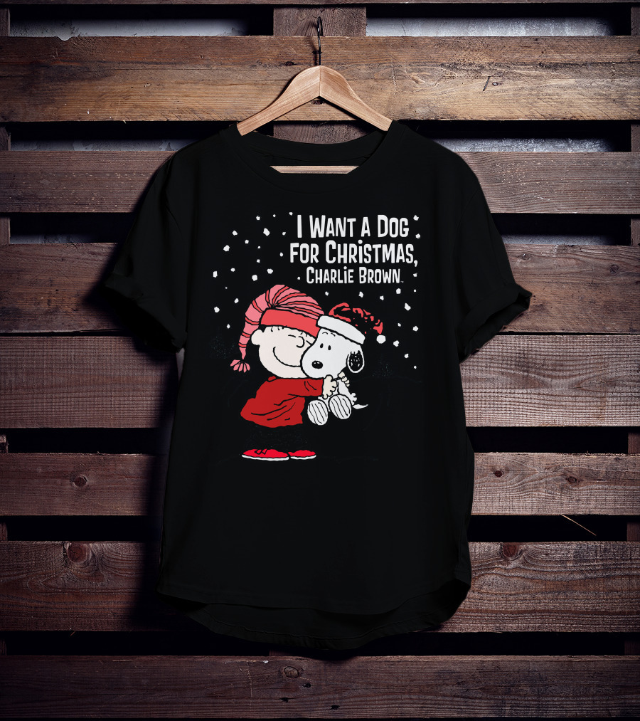 I Want A Dog For Christmas Charlie Brown Snoopy Hugging Linus Snow Scene T-Shirt