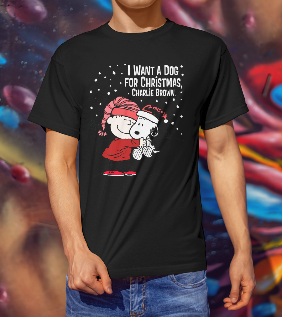 I Want A Dog For Christmas Charlie Brown Snoopy Hugging Linus Snow Scene T-Shirt