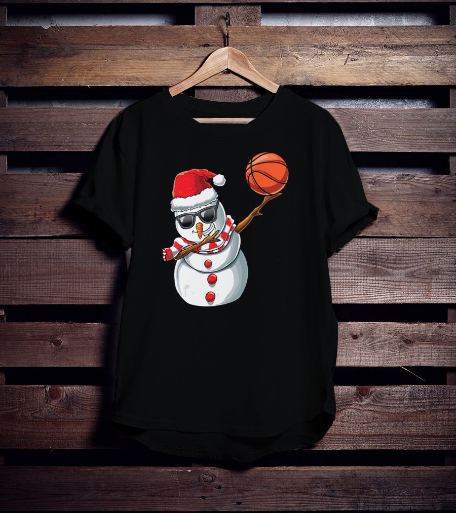 Christmas Snowman Dabbing Basketball Santa Scarf Glasses T-Shirt
