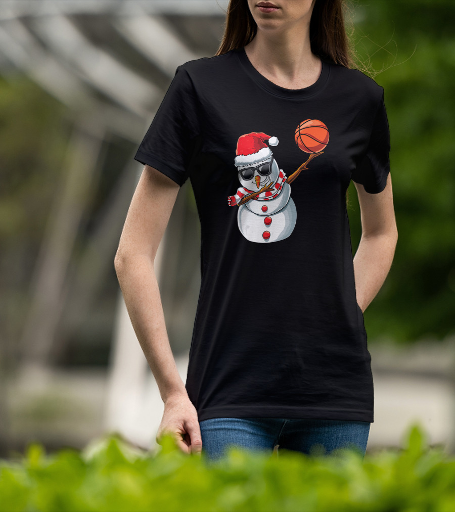 Christmas Snowman Dabbing Basketball Santa Scarf Glasses T-Shirt