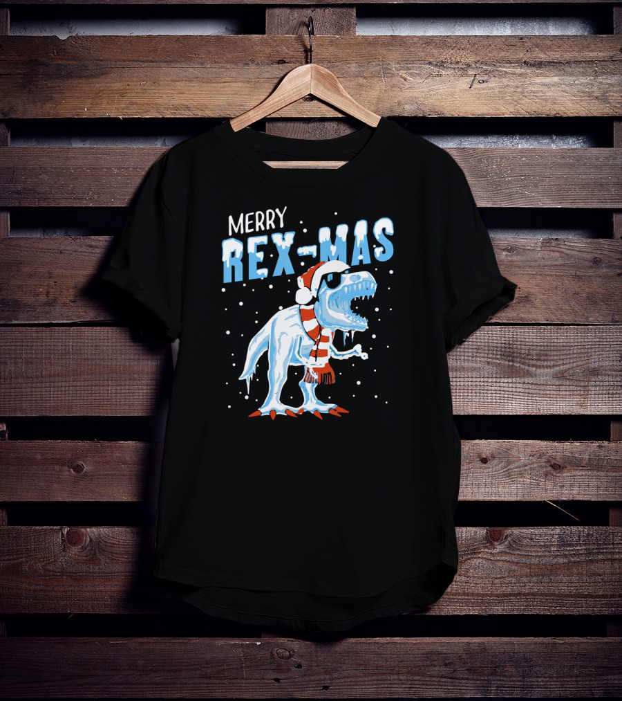 Merry Rexmas Christmas Dinosaur Wearing Santa Hat And Scarf T-Shirt