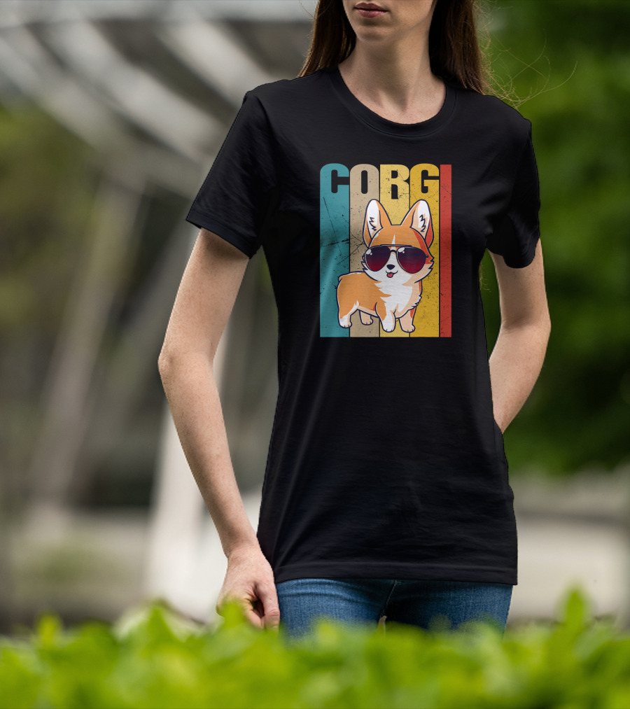 Corgi With Sunglasses Retro Stripes T-Shirt