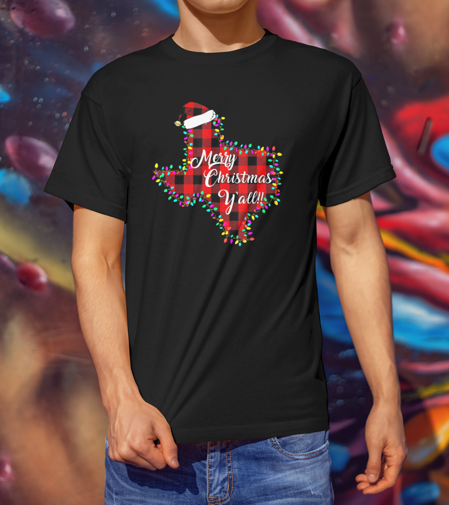 Texas Merry Christmas Y'All Plaid Lights T-Shirt