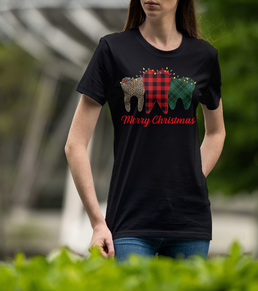 Merry Christmas Teeth Plaid Leopard Pattern With Holiday Lights T-Shirt