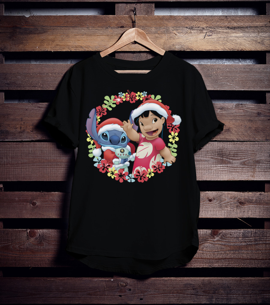 Disney Lilo And Stitch Christmas Santa Hats Hawaiian Flower Wreath T-Shirt