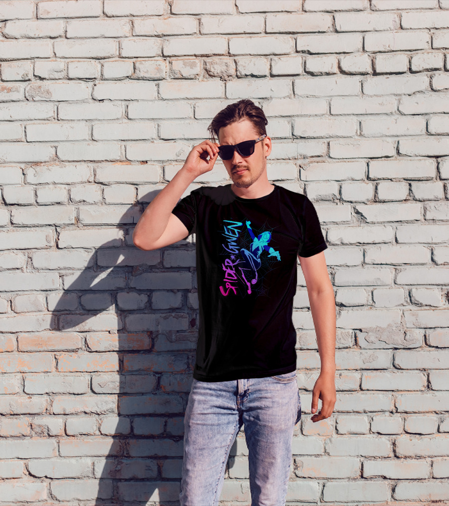 Marvel Spider Gwen Neon Gradient Web Jumping Pose T-Shirt