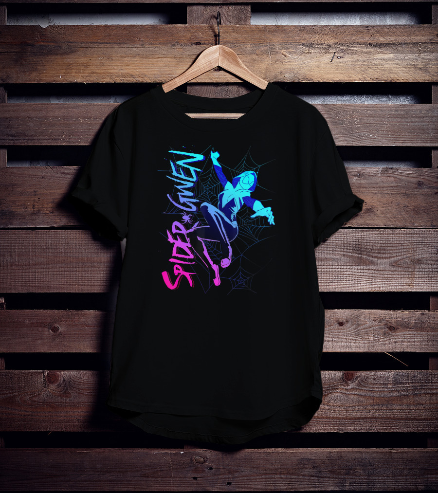 Marvel Spider Gwen Neon Gradient Web Jumping Pose T-Shirt