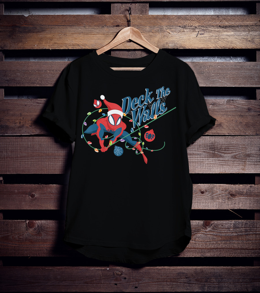 Deck The Walls Marvel Spider Man Holiday Christmas Lights Santa Hat T-Shirt