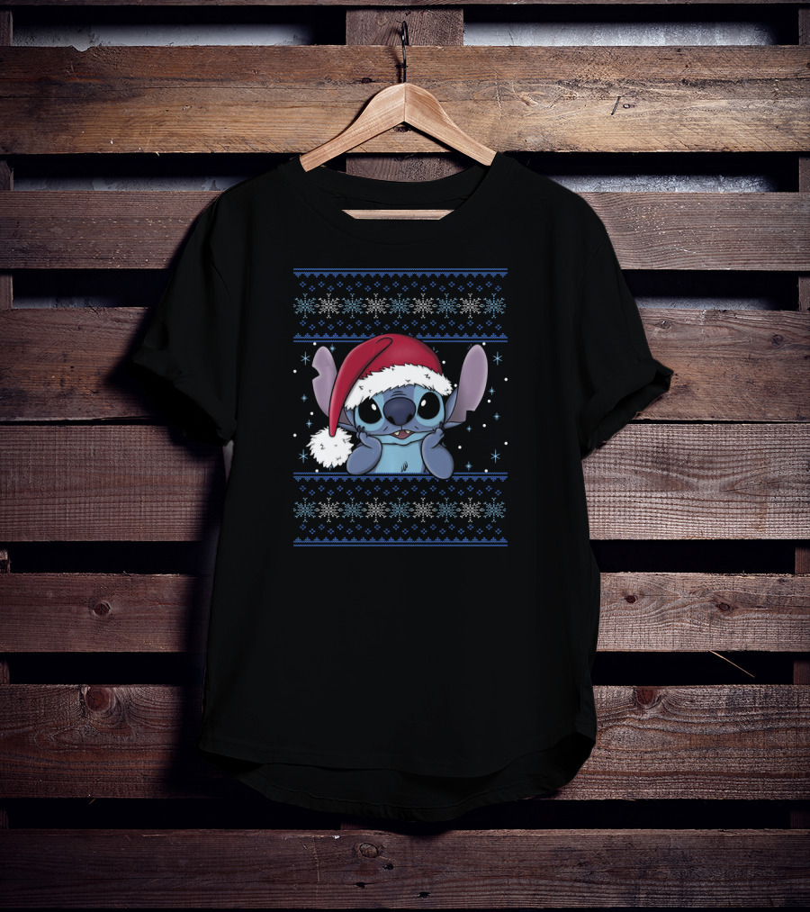 Disney Lilo And Stitch Christmas Stitch UglyStyle Santa Hat Snowflakes Festive T-Shirt