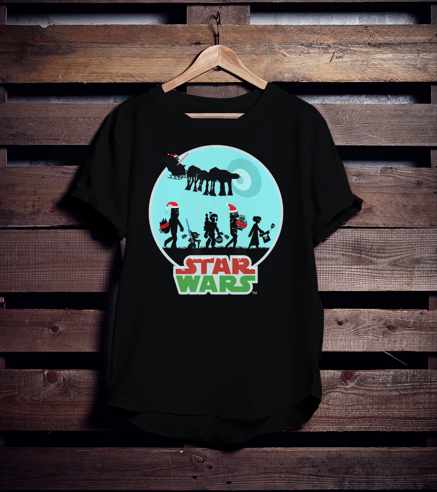 Star Wars Holiday Characters With Santa Hats And Death Star T-Shirt
