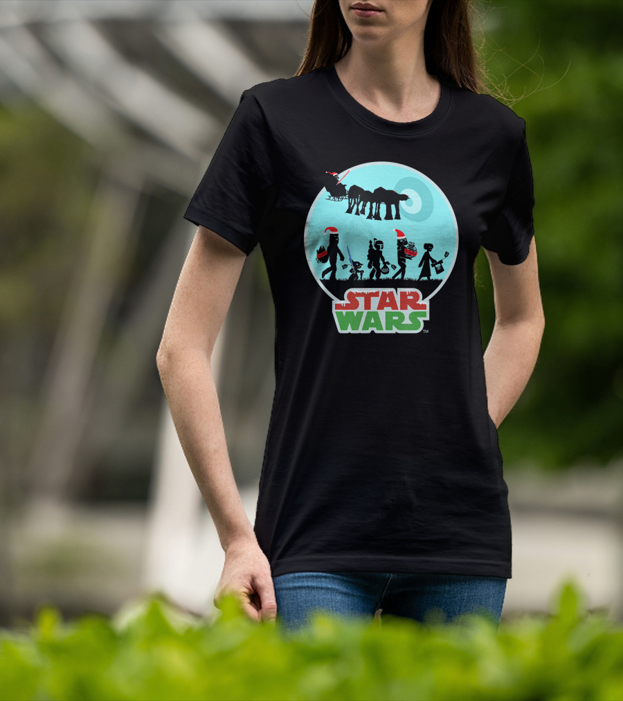 Star Wars Holiday Characters With Santa Hats And Death Star T-Shirt
