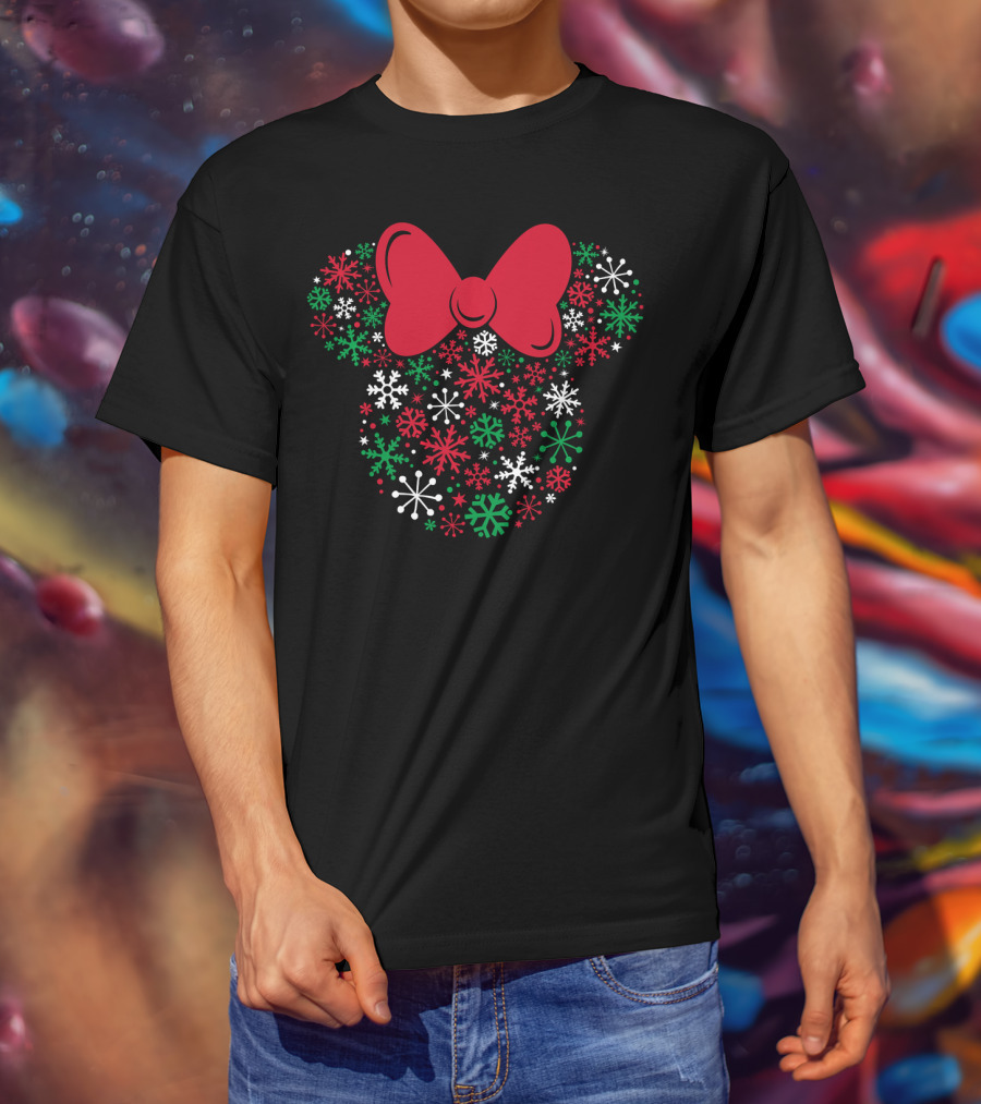 Disney Minnie Mouse Holiday Snowflakes Icon With Red Bow T-Shirt